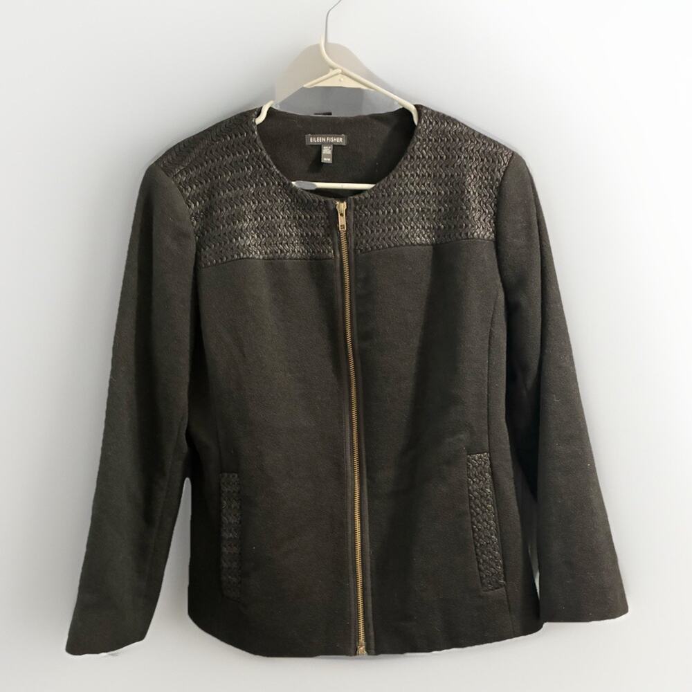 Eileen Fisher Black Round Neck Zip Front Jacket-Size Med -Wool -Woven